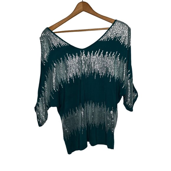 Vintage Y2K 00s‎ Bebe Small S Teal Sequin Embellished Bling Cold Shoulder Top - Picture 2 of 4